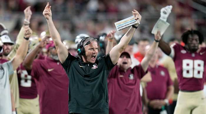 Florida State head coach Mike Norvell reacts during a game vs. LSU.